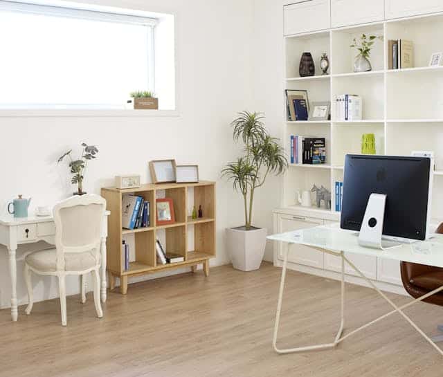 white living room with white furniture and a few plants