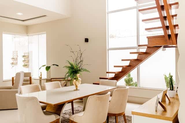 beige living room with wooden detailing