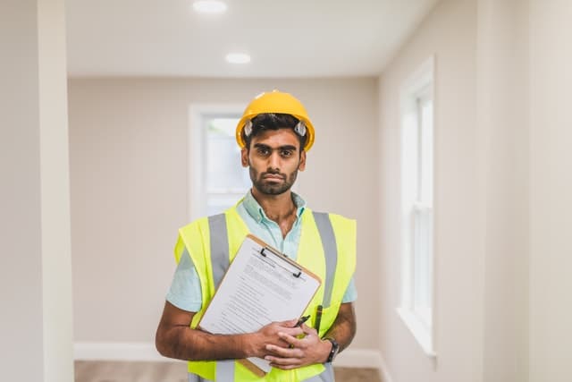 a property inspector in a yellow hard hat and vest