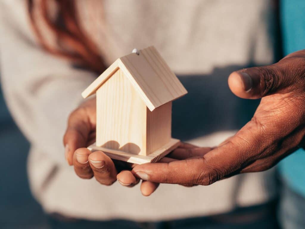 hands holding wooden house