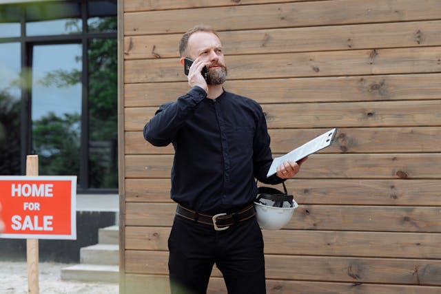 person-holding-construction-hard-hat-and-clipboard-phoning-someone-while-standing-outside-of-home-with-for-sale-sign